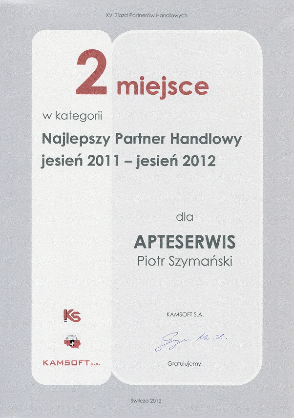 Najlepszy Partner Handlowy jesień 2011 - jesień 2012 - II miejsce