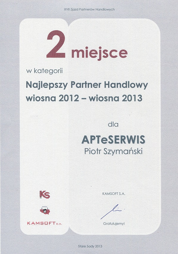 Najlepszy Partner Handlowy wiosna 2012 - wiosna 2013 - II miejsce